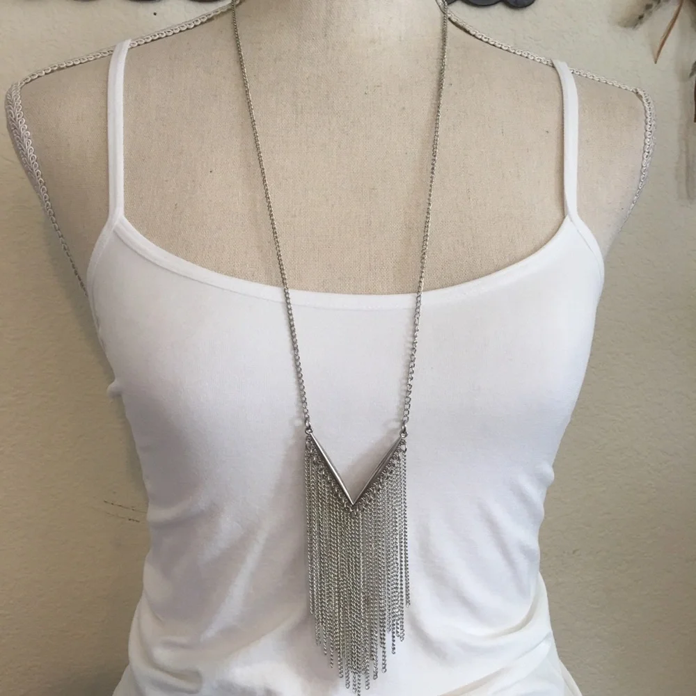 Silver tone v shape tassel chain necklace